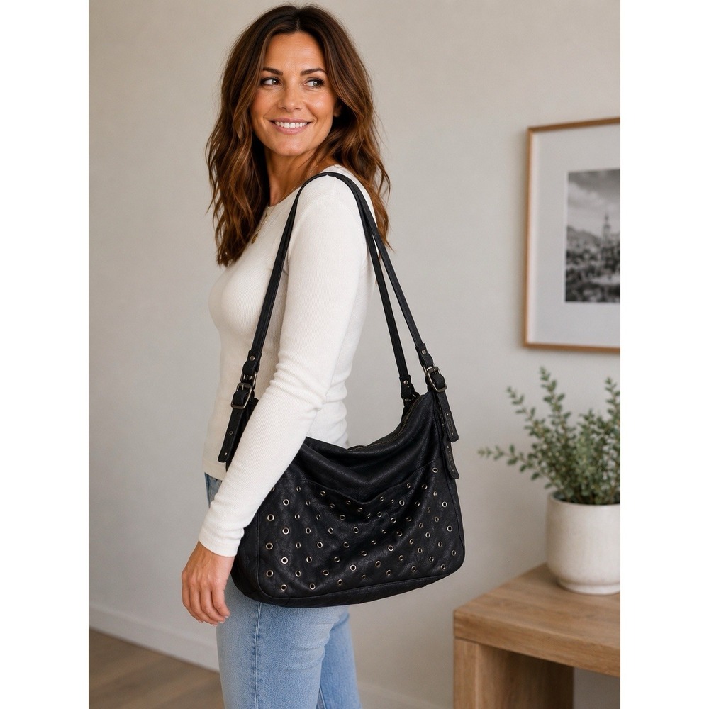ABRO Black Genuine Leather Grommet Hobo Shoulder Bag Large Slouch Purse‎ EU #12